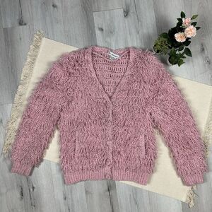 Vintage Le Sweater Pink Shag Cardigan Size Small V Neck Jacket